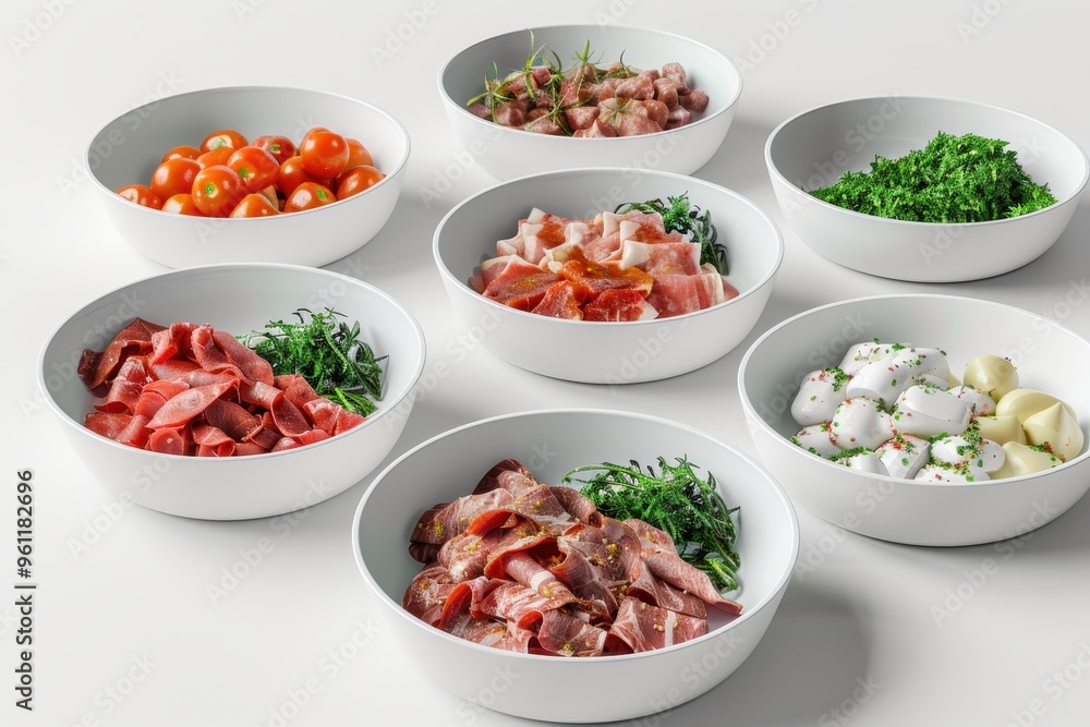 Various cooking ingredients in cups on a white background Various cooking ingredients in cups on a white background