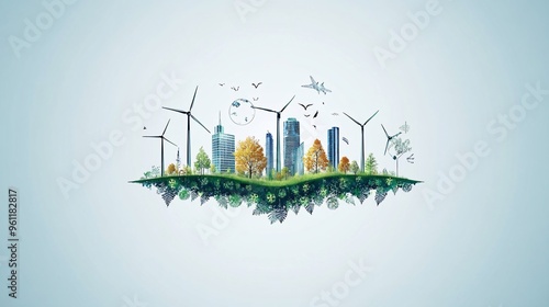 Environmental engineering wind turbine fields and eco symbols in flat design Vector look Digital art Large space for text in center Stock Photo with copy space