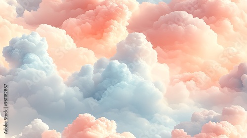 A seamless pastel cloud design with soft, fluffy clouds in gentle shades of blush pink, pale blue, and light coral, drifting peacefully across a creamy white sky, photo