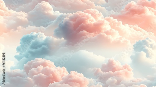 A seamless pastel cloud design with soft, fluffy clouds in gentle shades of blush pink, pale blue, and light coral, drifting peacefully across a creamy white sky, photo