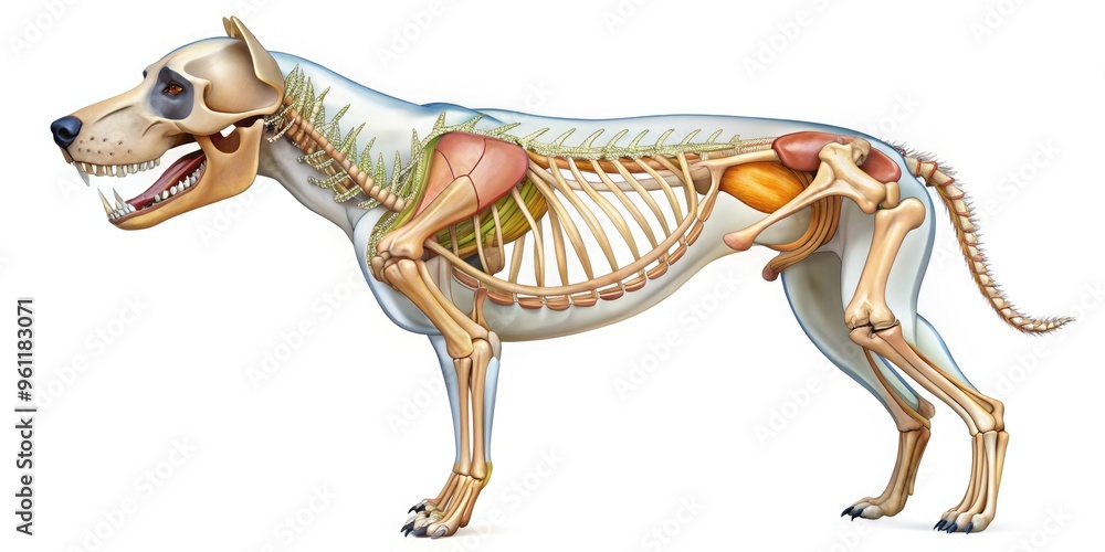 Obraz premium Detailed Dog Skull Anatomy Features Of A Canine Skeleton With Accurate Bone Structure And Clear Definitions Of Each Bone.