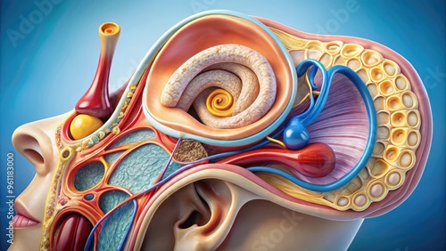 Detailed Digital Illustration Of The Inner Ear Anatomy With Its Intricate Structures And Pathways, Showcasing The Cochlea, Semicircular Canals, And Vestibular System. photo