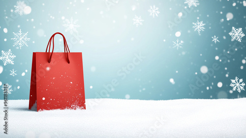 A vibrant red shopping bag sits on snowy surface, surrounded by falling snowflakes, creating festive winter atmosphere.