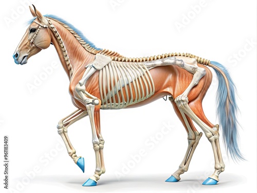 Detailed illustration of a horse's leg bone anatomy, showcasing the skeletal structure of the foreleg, including the humerus, radius, and ulna, with labeled bones and ligaments. photo