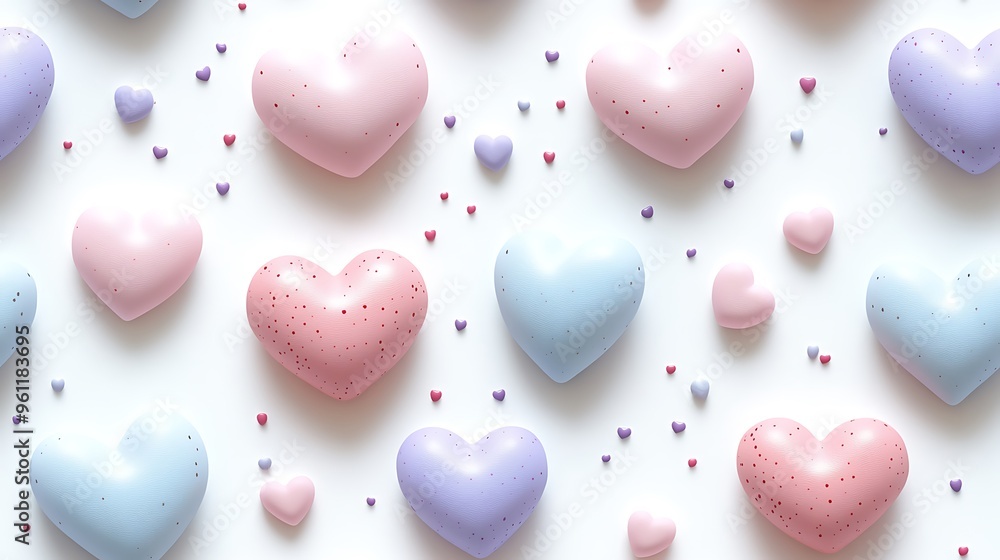 A seamless pastel heart pattern featuring repeating heart shapes in soft pink, light lavender, and baby blue,
