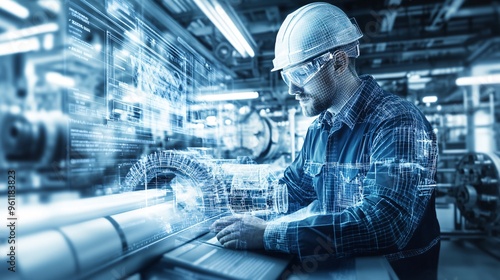 Mechanical engineer designing precise 3D gear system on digital interface