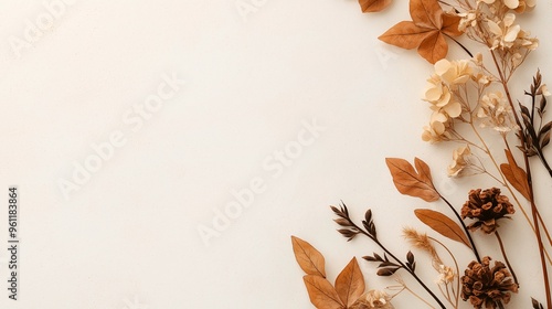 Autumn Whisper: Dried flowers and foliage create a serene border on a minimalist beige canvas, offering a tranquil backdrop for autumnal designs. 