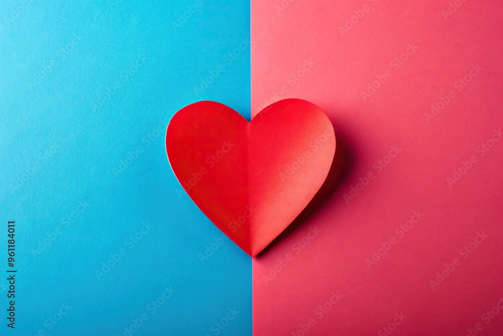 Red paper heart contrasting on a blue and pink background, minimalistic, flat lay, colorful, emotion, pink background, vibrant, elegant, romantic, heart-shaped, symbol, design, paper Red paper heart contrasting on a blue and pink background, minimalistic, flat lay, colorful, emotion, pink background, vibrant, elegant, romantic, heart-shaped, symbol, design, paper