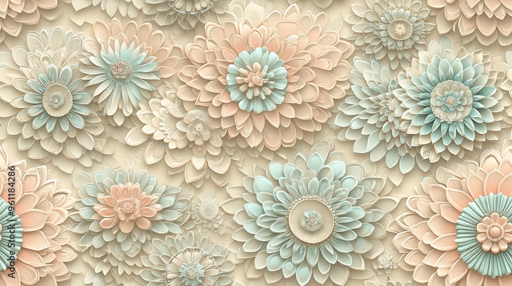 A seamless pastel mandala design with intricate circular shapes in pale mint, soft pink, and light blue, A seamless pastel mandala design with intricate circular shapes in pale mint, soft pink, and light blue,