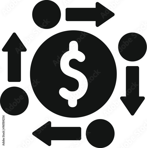 Black and white icon of a dollar sign with arrows and circles surrounding it, representing money transfers