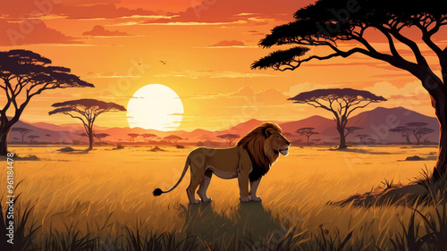 Sunset in the African grassland flat illustration photo