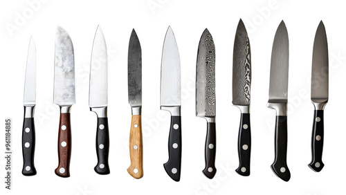 Collection of kitchen knives with different blade shapes on Transparent background PNG file