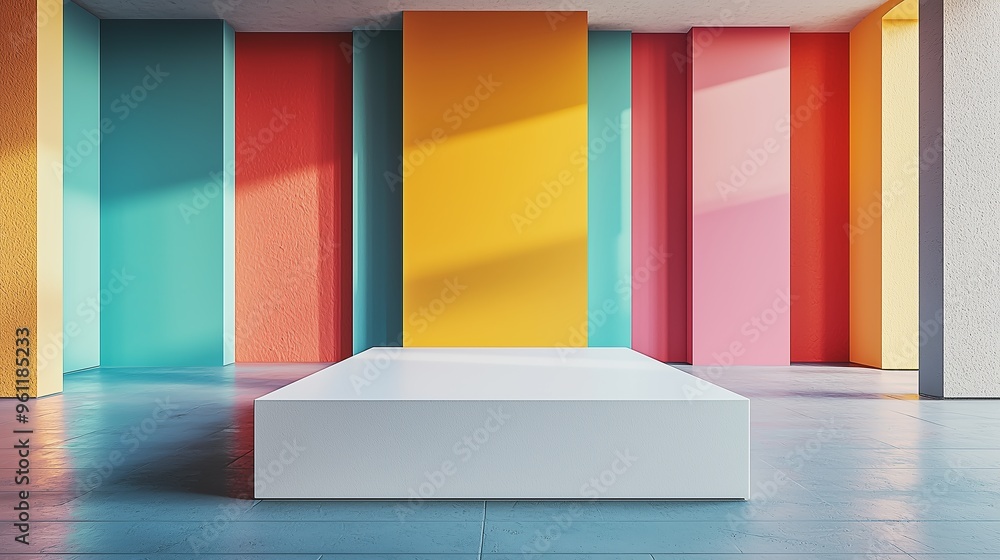 A minimalist 3D podium with a matte white surface, surrounded by colorful, abstract geometric forms in a vibrant art gallery space A minimalist 3D podium with a matte white surface, surrounded by colorful, abstract geometric forms in a vibrant art gallery space