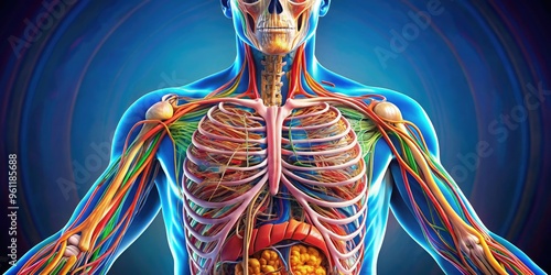 Detailed illustration of the human body's internal and external anatomy, showcasing organs, bones, muscles, and circulatory systems in vibrant colors and precise labeling. photo