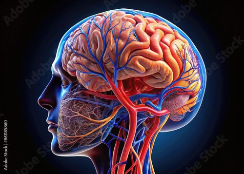 Detailed illustration of the human brain's internal structure, showcasing cerebral cortex, cerebellum, brainstem, and blood vessels in a futuristic, high-contrast, anatomically accurate 3D rendering. photo