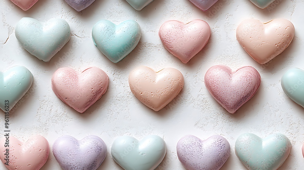 Obraz premium A seamless pattern of pastel hearts in blush pink, pale lavender, and light teal, scattered evenly across a white background with soft blending and delicate textures,