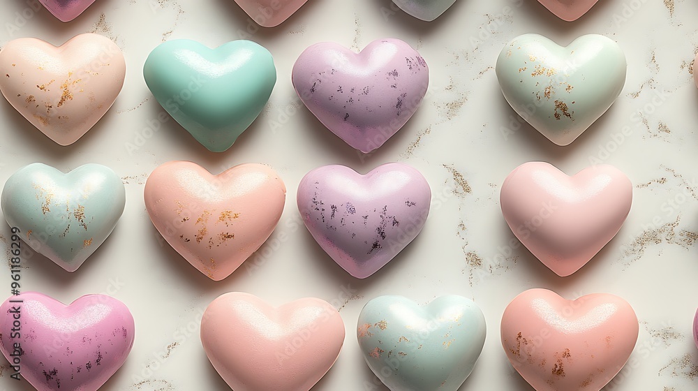 Fototapeta premium A seamless pattern of pastel hearts in blush pink, pale lavender, and light teal, scattered evenly across a white background with soft blending and delicate textures,