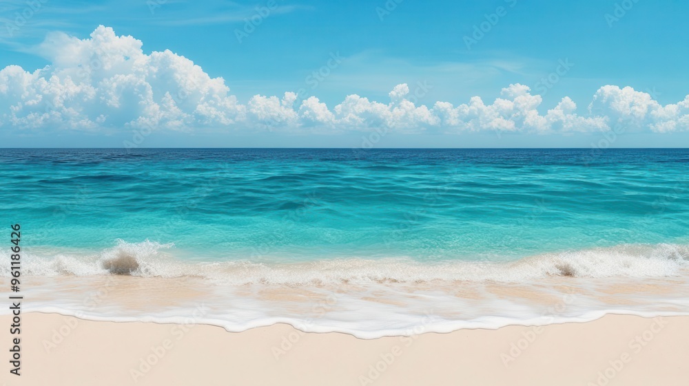 Vibrant coastline with crystal-clear water and soft sand under a bright blue sky, perfect for a summer getaway. Vibrant coastline with crystal-clear water and soft sand under a bright blue sky, perfect for a summer getaway.