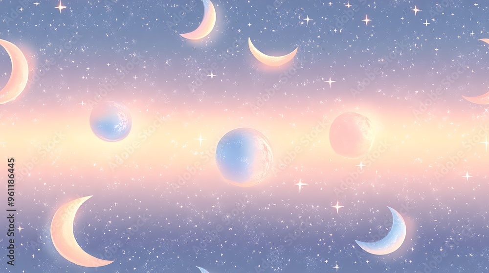 A seamless pattern of pastel stars and moons in light lavender, soft peach, and pale blue, with glowing edges, arranged across a gradient sky background, giving the design a magical, A seamless pattern of pastel stars and moons in light lavender, soft peach, and pale blue, with glowing edges, arranged across a gradient sky background, giving the design a magical,