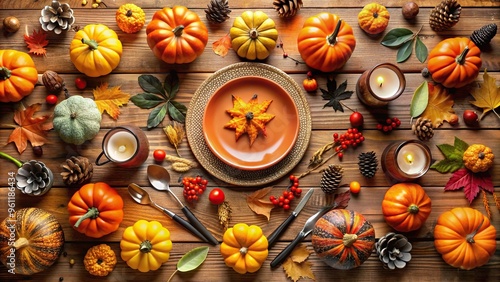 Autumn-themed Halloween table decorations from a high angle, leaves, orange, harvest, high angle, rustic, pumpkins, centerpiece,Autumn, arrangement, candles, Halloween, festive, fall, season