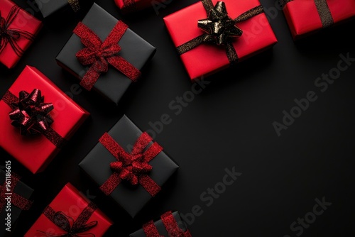 Top view of red and black christmas boxes on black background with copy space for text. black Friday and Boxing Day composition, copy-space with generative ai