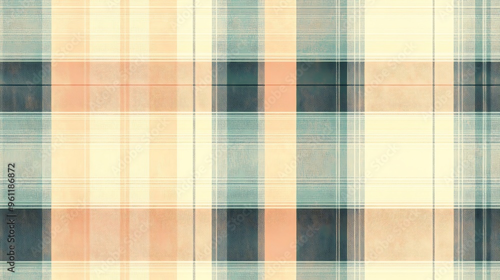 Obraz premium A seamless plaid pattern in soft pastel tones of light peach, pale teal, and muted lavender, with overlapping stripes forming a classic checkered design on a cream backdrop --ar 16:9 --no logo --tile