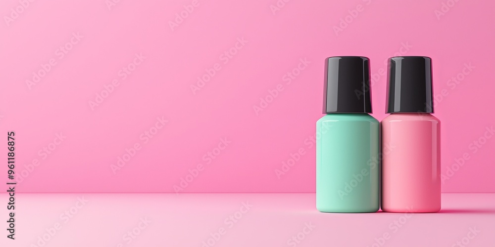 two bottles of nail polish on a pink background - minimalist beauty product mockup. two bottles of nail polish on a pink background - minimalist beauty product mockup.