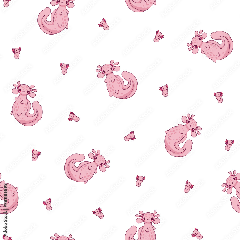 Cute axolotl character. Seamless pattern. Kawaii ambystoma amphibian different poses. Vector drawing. Design ornaments. Cute axolotl character. Seamless pattern. Kawaii ambystoma amphibian different poses. Vector drawing. Design ornaments.