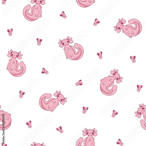 Cute axolotl character. Seamless pattern. Kawaii ambystoma amphibian different poses. Vector drawing. Design ornaments.