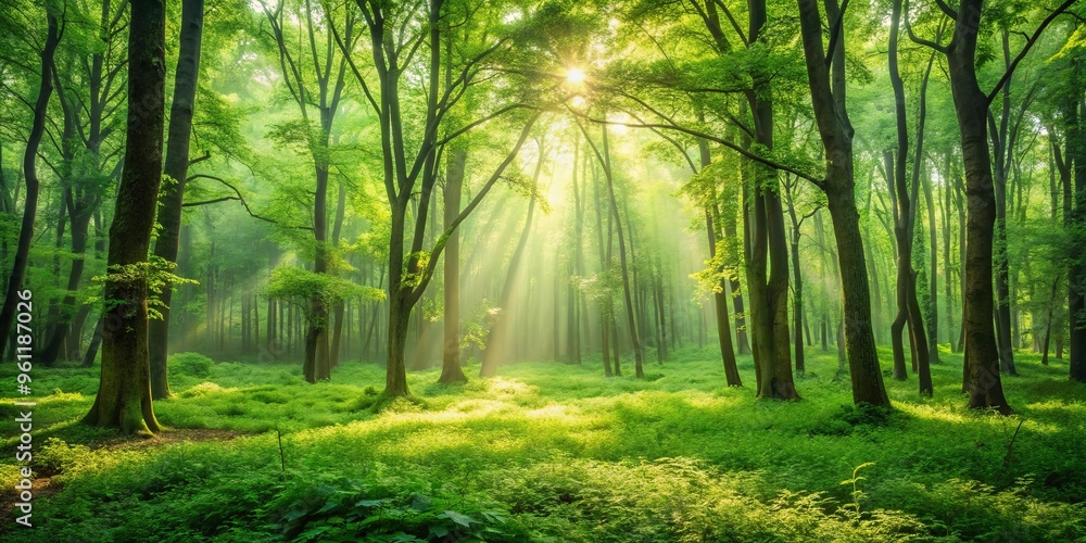 Fototapeta premium Lush green forest bathed in morning sunlight creates a serene and peaceful atmosphere
