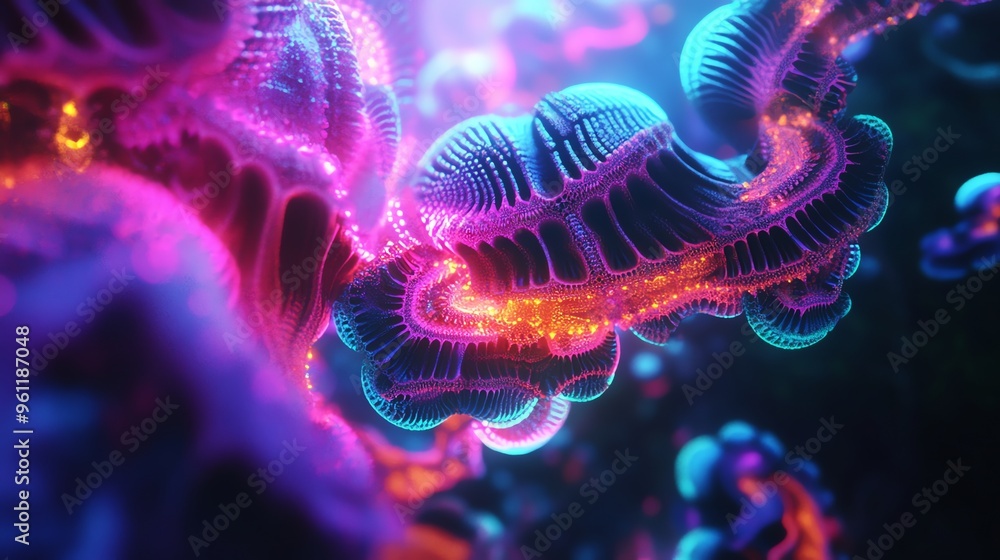 © BozStock - Abstract, glowing, neon colored organic shapes.