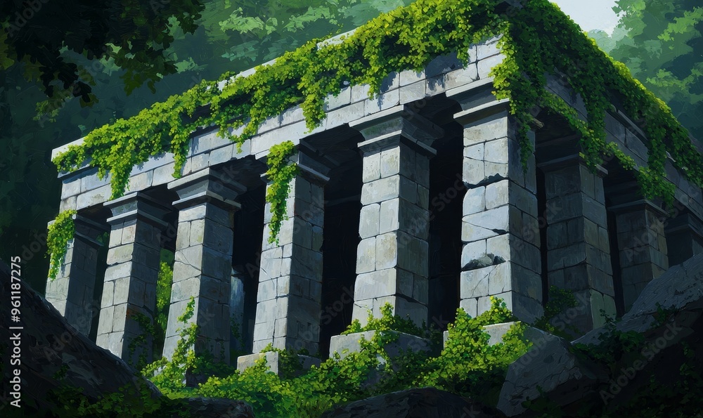 Naklejka premium overgrown stone temple ruins with lush greenery in a mysterious forest landscape.