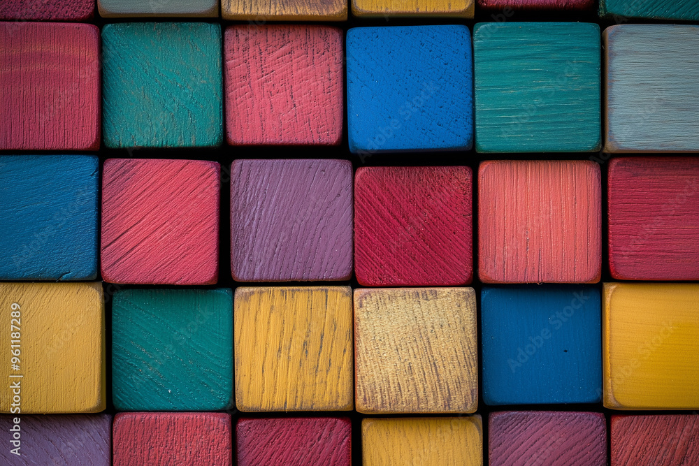 Fototapeta premium colorful stack of wooden blocks with different colors. The blocks are arranged in a way that they form a pattern. Concept of creativity and playfulness