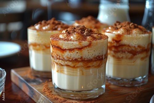 Peru: Suspiro de Limea A sweet, creamy dessert made with condensed milk, evaporated milk, and topped with a caramelized layer, served in a glass photo