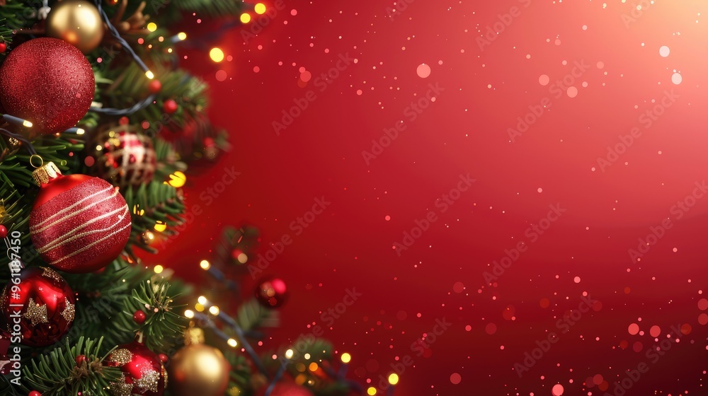 Festive Christmas card with tree, ornaments, lights on red background. Winter holiday theme with space for text. Happy New Year. Festive Christmas card with tree, ornaments, lights on red background. Winter holiday theme with space for text. Happy New Year.