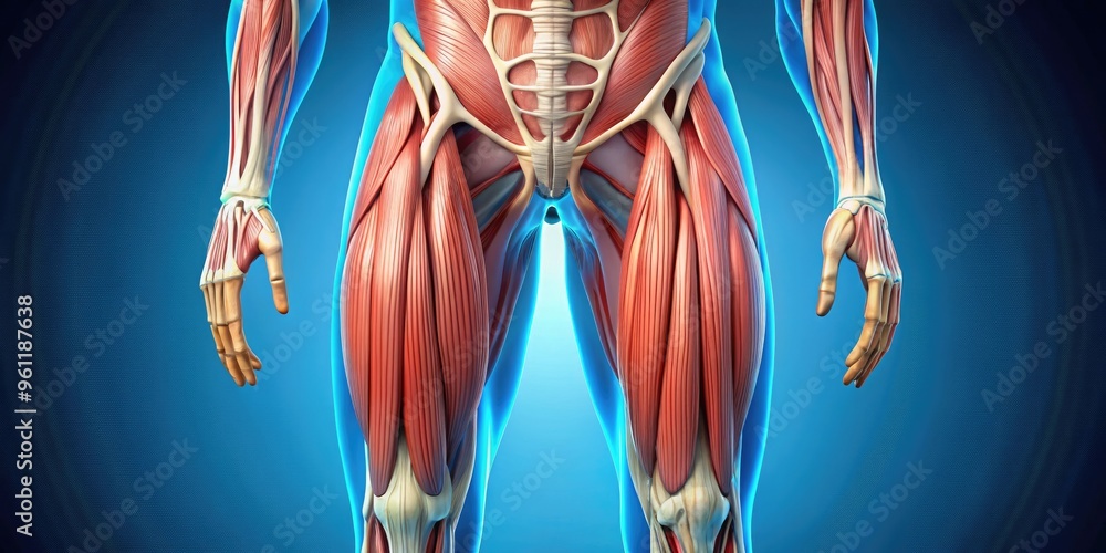 ภาพประกอบสต็อก Detailed illustration of the human thigh's complex ...