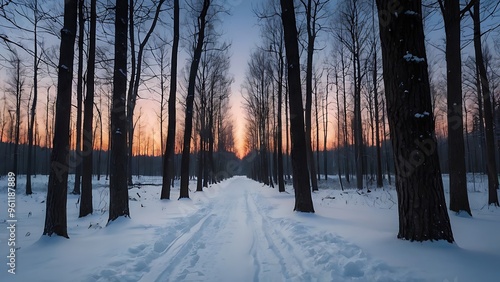 Winter landscape in forest full of tall trees with no leaves, cold view evening in horizon