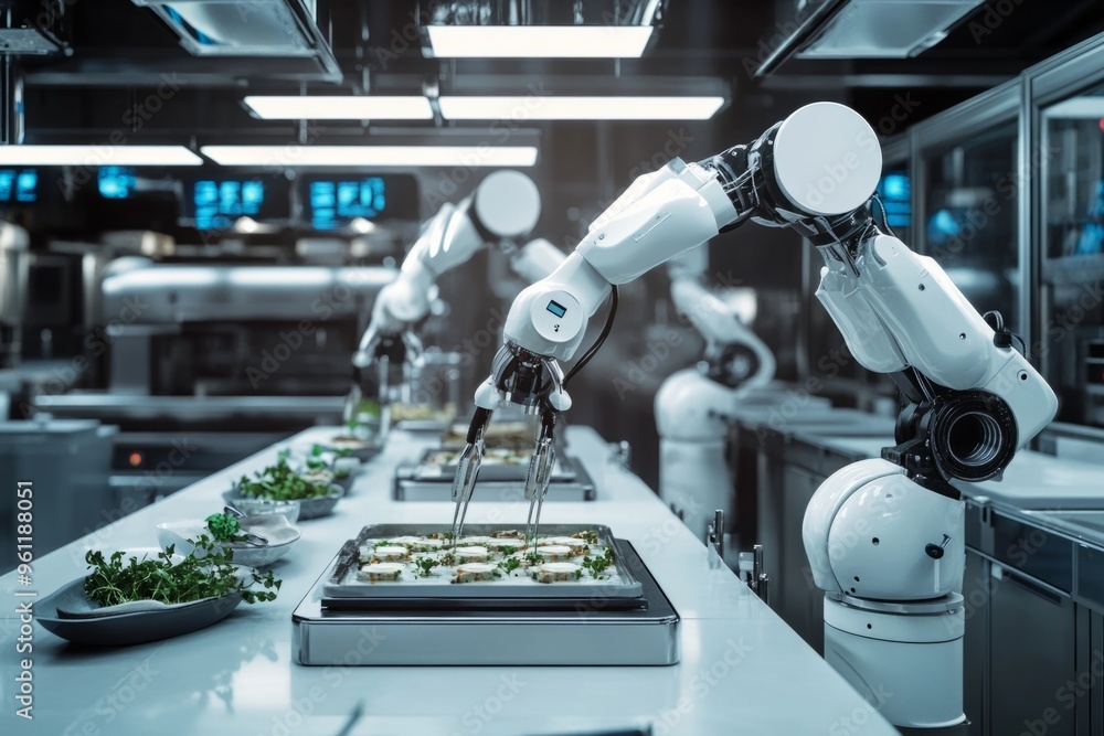 Modern kitchen with robotic chefs preparing gourmet dishes. The robots skillfully assemble plates, showcasing culinary technology in action. A glimpse into the future of food. Generative AI Modern kitchen with robotic chefs preparing gourmet dishes. The robots skillfully assemble plates, showcasing culinary technology in action. A glimpse into the future of food. Generative AI