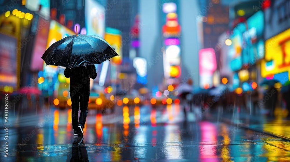 Fototapeta premium Person with Umbrella Walking in Rainy Cityscape