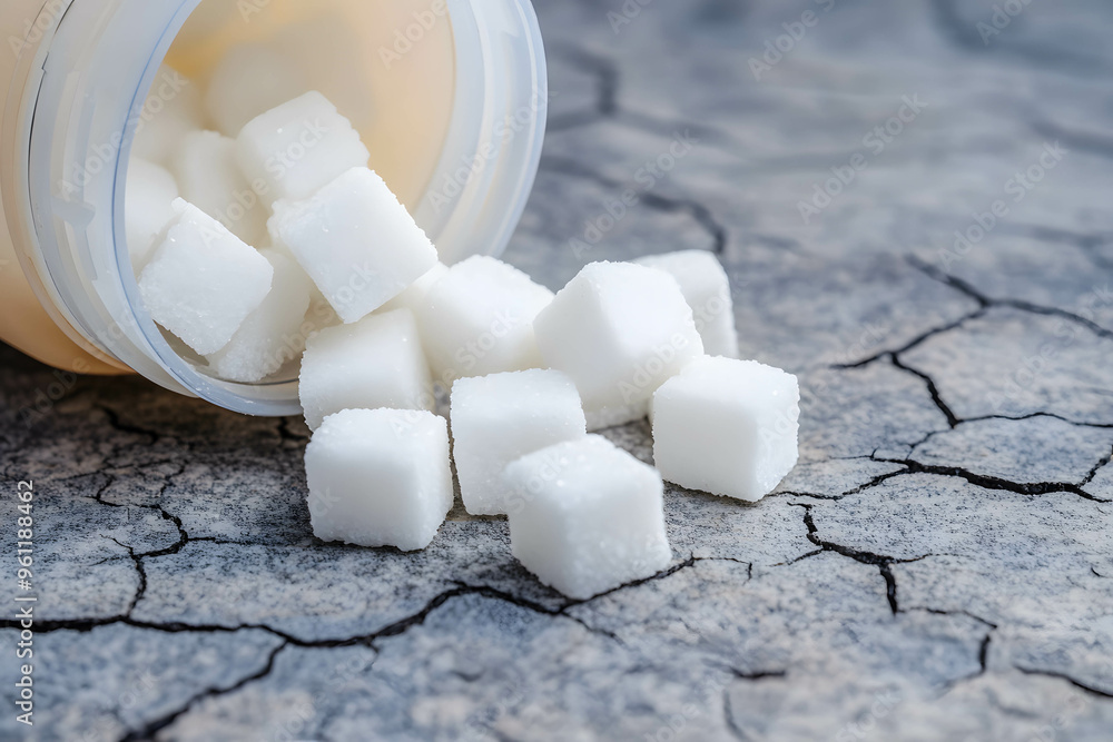 Diseases caused by excessive sugar consumption. The dangers of sugar and sweetness. Diabetes. Sugar cubes spilling out of a medical container, illustrating the unhealthy effects of sugar. Diseases caused by excessive sugar consumption. The dangers of sugar and sweetness. Diabetes. Sugar cubes spilling out of a medical container, illustrating the unhealthy effects of sugar.