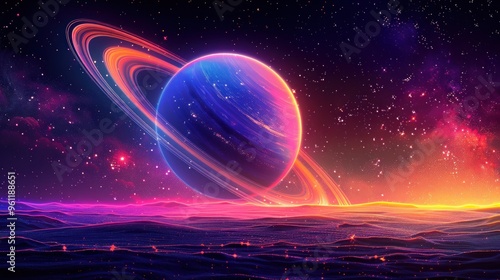A captivating view of a vibrant gas giant with colorful rings drifting through the cosmos at dusk. Generative AI