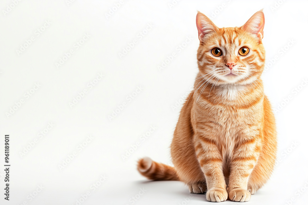 large orange tabby cat is sitting on a white background. The cat has a very cute and friendly expression on its face large orange tabby cat is sitting on a white background. The cat has a very cute and friendly expression on its face