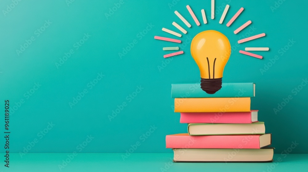 A creative composition featuring stacked books with a glowing light bulb above, symbolizing inspiration and learning. A creative composition featuring stacked books with a glowing light bulb above, symbolizing inspiration and learning.