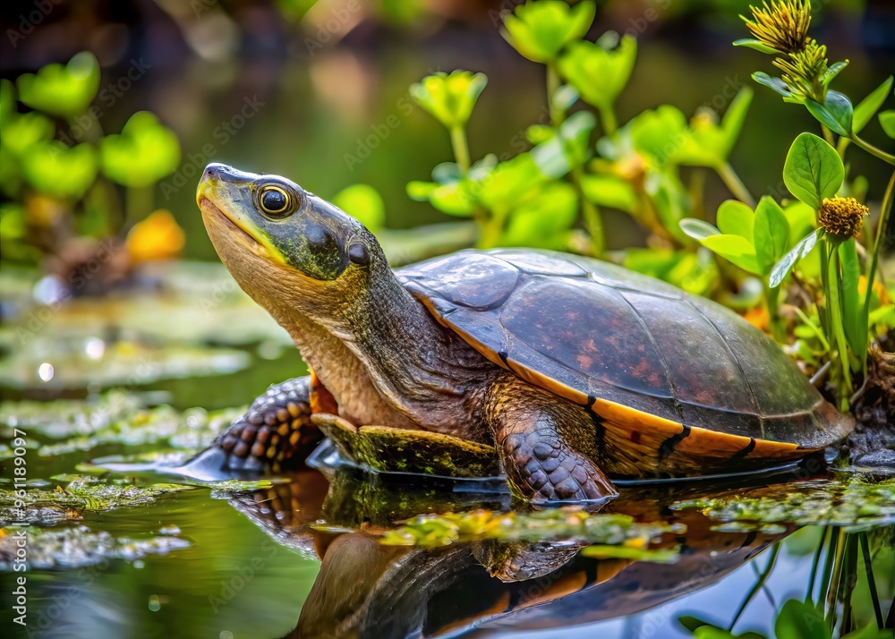 Obraz premium A gentle Florida soft-shelled turtle emerges from the tranquility of a murky lake, its mottled shell blending with the surrounding vegetation.