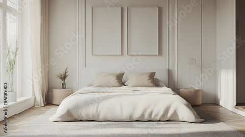Serene and Cozy Minimalist Bedroom with Natural Lighting and Elegant Furnishings
