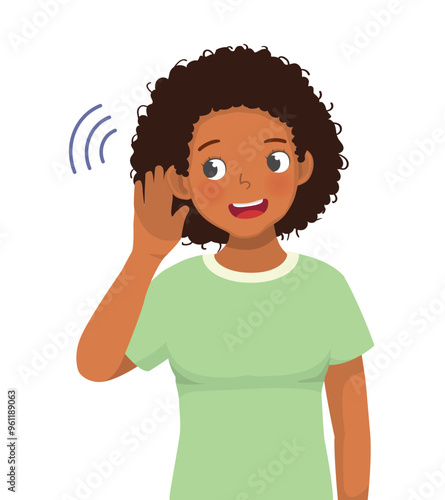 Young African woman putting hand near ear listen to news gossip