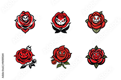 set of Halloween eyes with red rose silhouette illustration isolated on white background 