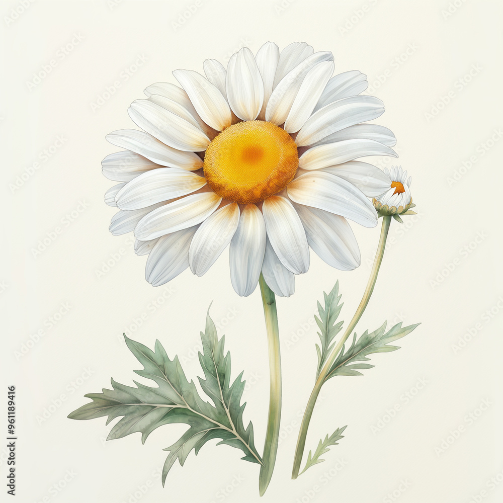 Fototapeta premium White watercolour chamomile daisy matricaria marguerite spring flower illustration on light backdrop. Floral blossom concept