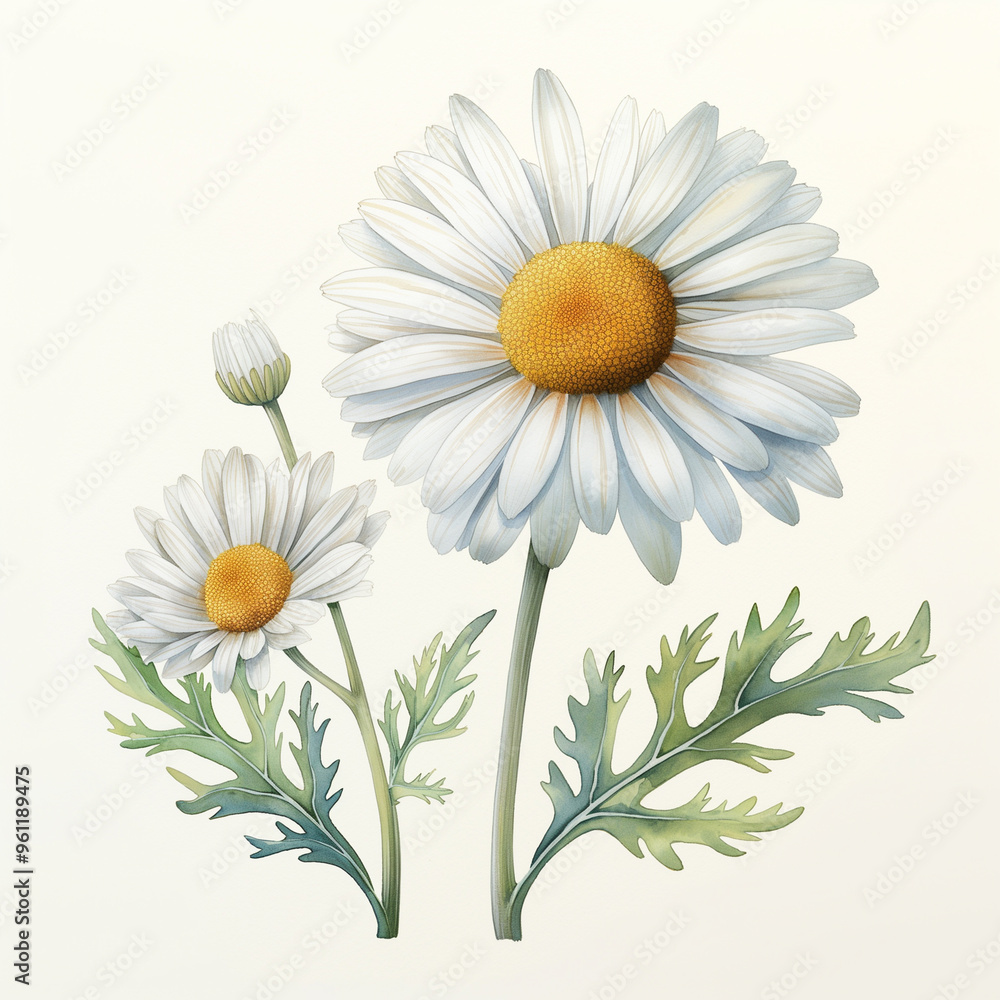 Fototapeta premium White watercolour chamomile daisy matricaria marguerite spring flower illustration on light backdrop. Floral blossom concept