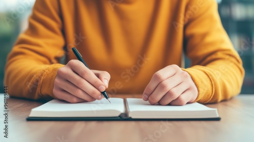 A person writes in a notebook with a pen, focusing on their thoughts in a serene indoor setting.